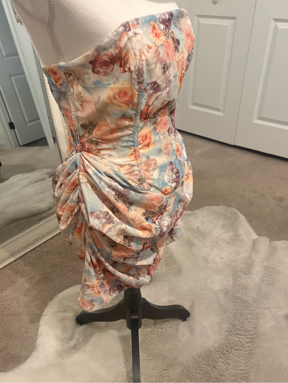 Strapless Floral Ruched Mini Dress in Peach and Light Blue